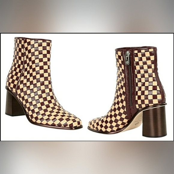 New Antonio Melani 6 Designer Checkered Braided Woven Leather Block Heel Boots - Picture 1 of 4